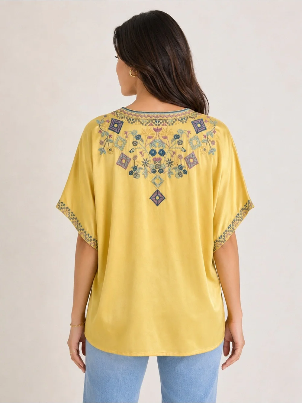 BIYA by Johnny Was XL Yellow Embroidered Lace-Up Boho Tunic Blouse Floral